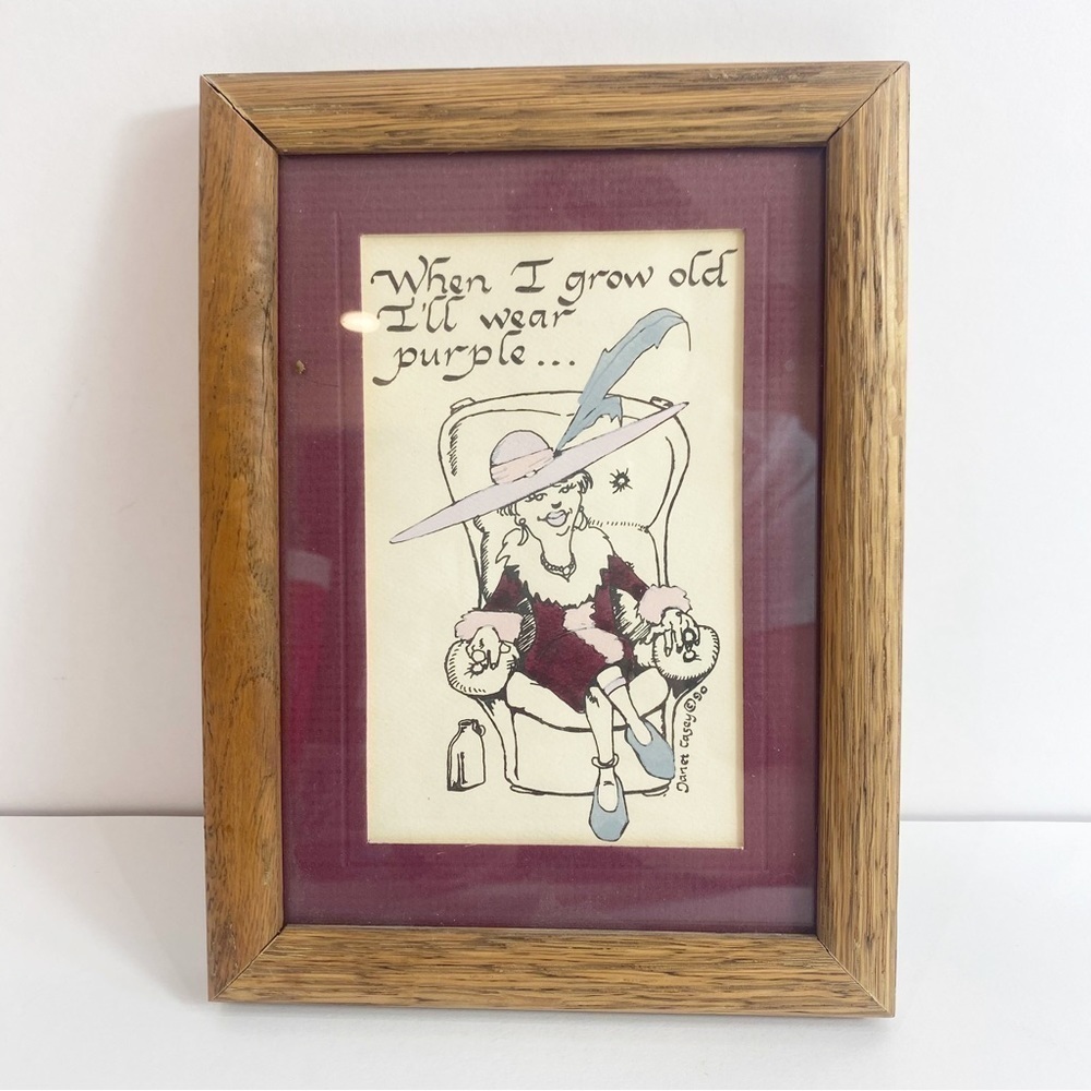 Janet W Casey Vintage Original Pen & Ink Drawing Framed Picture Red Hats Society
